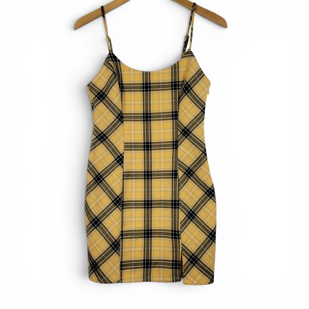 Forever 21 Plaid Mini Dress Womens‎ Small Yellow Checkered Bodycon Slit